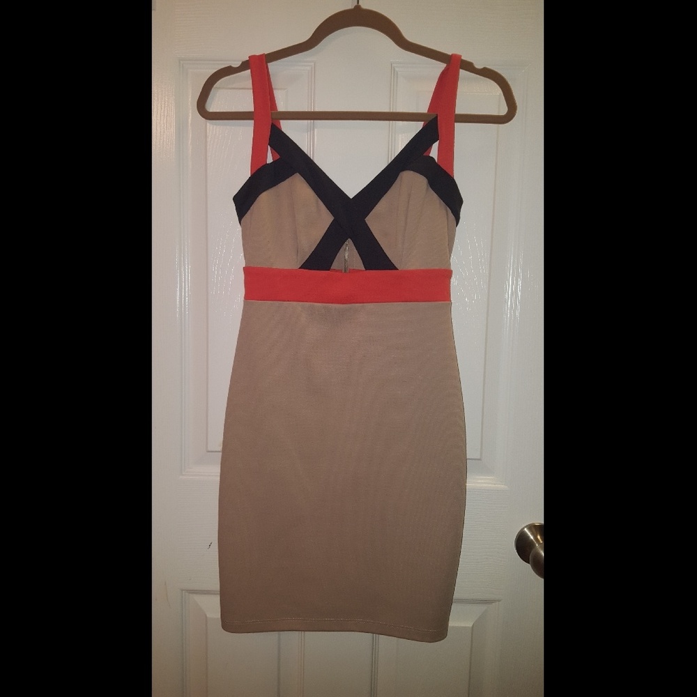 Tan/beige mini dress with black and orange details